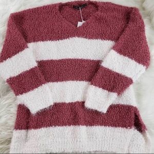 Women's Color Block Striped V Neck Fuzzy Sweater